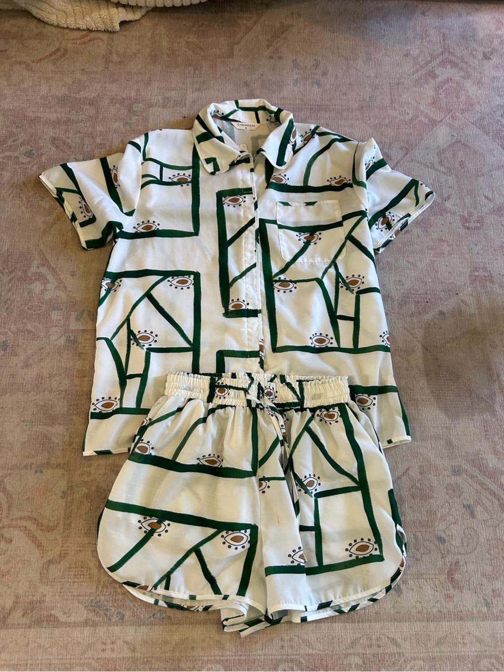 Commense White and Green Geometric Button-Down Shirt & Shorts Set